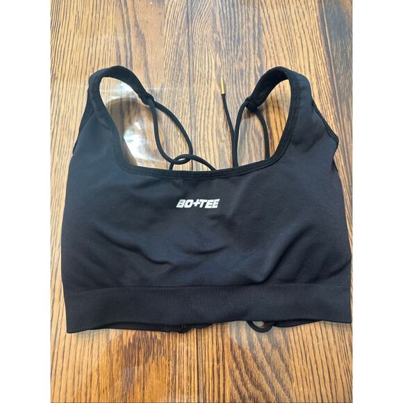 BO+TEE Black Padded Open Back Crisscross Lace Up Back Sports Bra Size Small - Picture 1 of 4